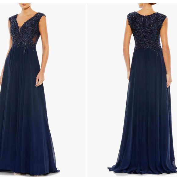 MAC DUGGAL 20264 APPLIQUED CAP SLEEVE EMBELLISHED BODICE NAVY FLOWY GOWN sz 16 - Picture 4 of 4